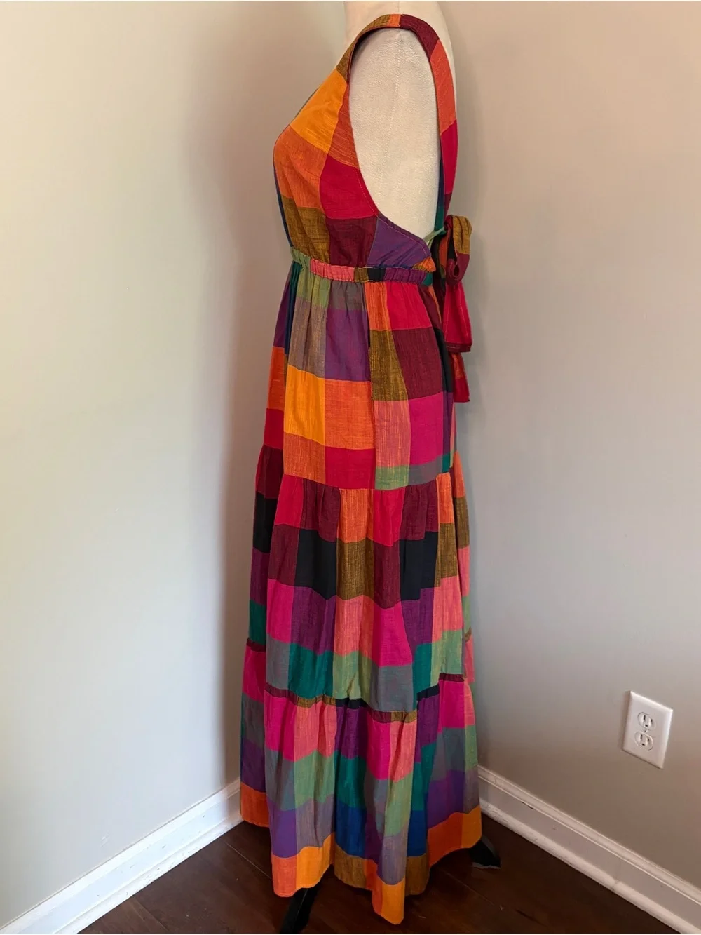 Rujuta Sheth Gema Tiered Maxi Multi-Chex Multicolor Plaid Tie Back Boho Small - Picture 7 of 10